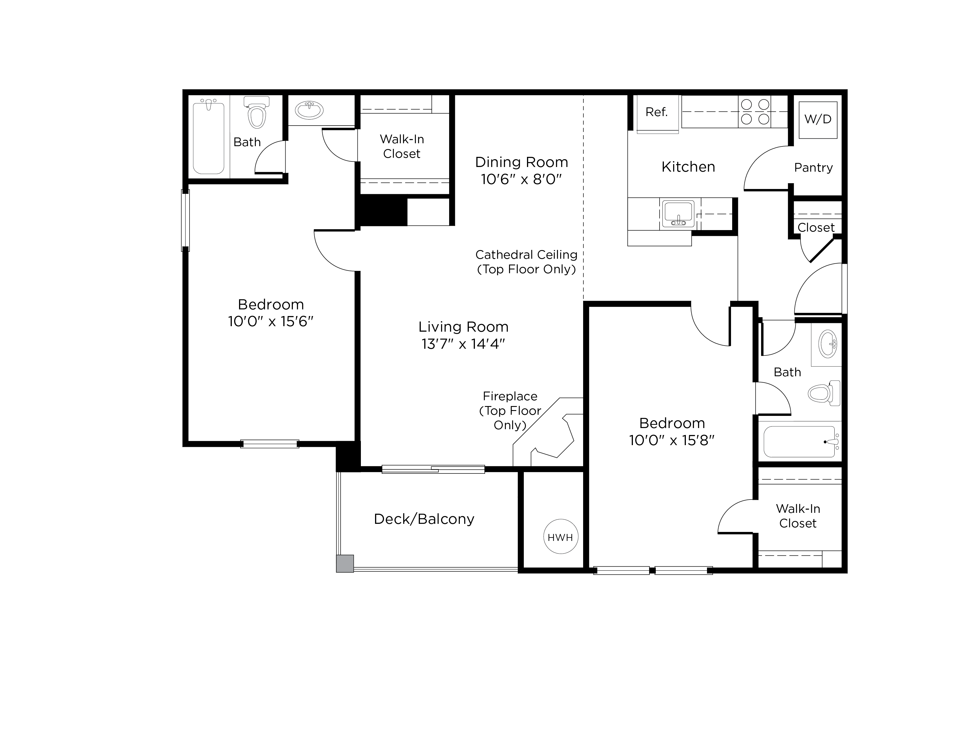 Floor plan for 2 beds, 2 baths, 1010 sqft